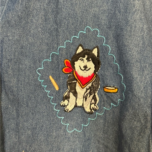 Vintage Mary Jane Rayon Blend Denim Jean Button Down Funky DOGS Shirt Women’s M - Picture 4 of 7